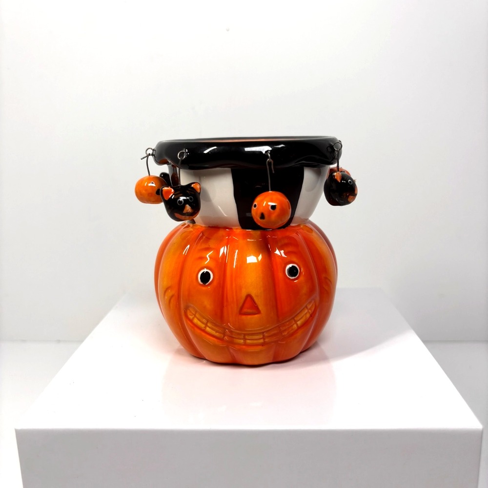 Dennis East 2004 Halloween Jack-O-Lantern Votive Candle Pumpkin w/ Cat Charms
